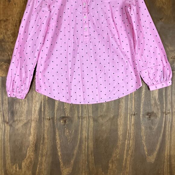 Talbots Womens Blouse Pink Black Polka Dot Ruffle Neck Long Sleeve Petite - Picture 3 of 12